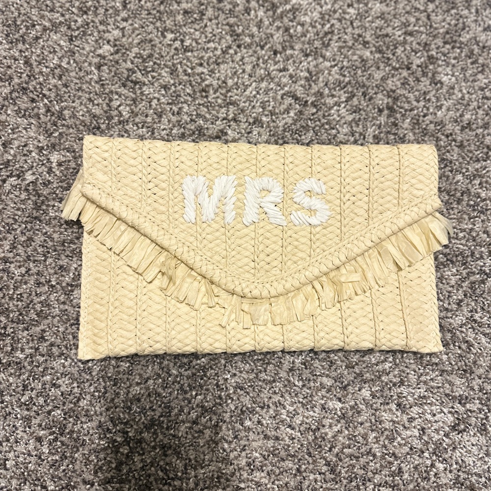 MRS. Cream Woven Clutch with Fringe Detail